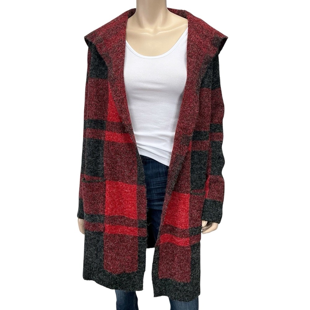 Cyrus Cardigan Women Medium Red Black Buffalo Plaid Long Sleeve Longline Knit